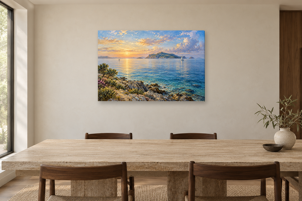 Island Horizon — horizontal canvas in a dining room, full original artwork