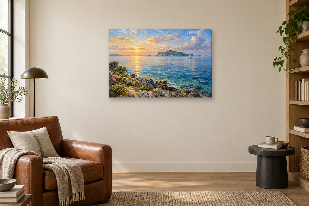 Island Horizon — horizontal canvas in a reading corner, full original artwork