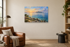 Island Horizon — horizontal canvas in a reading corner, full original artwork