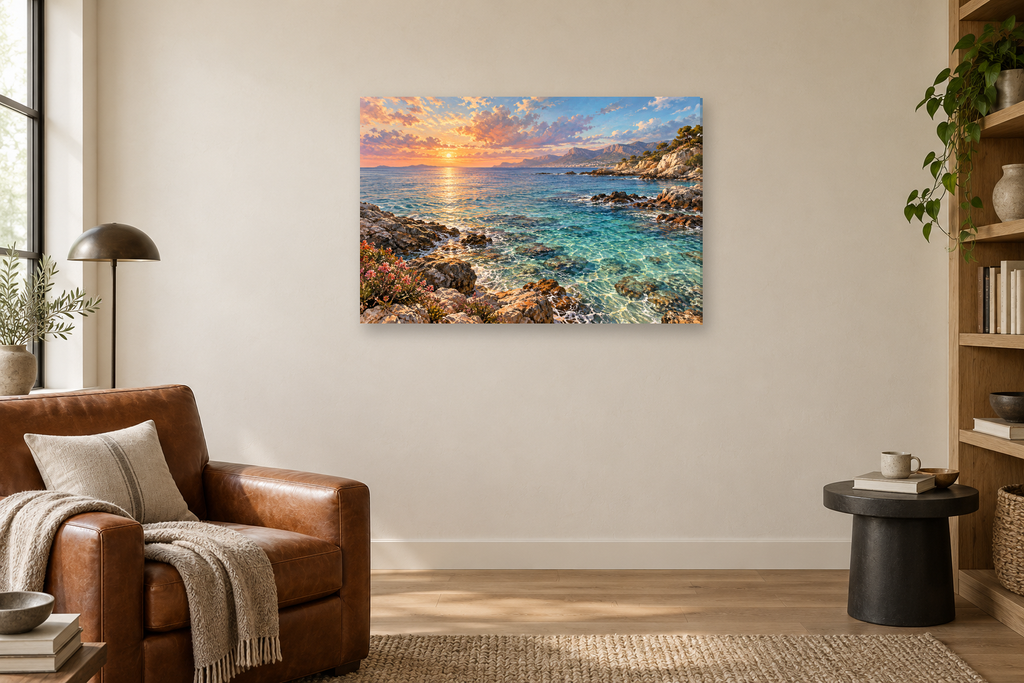 Coral Coast — horizontal canvas in a reading corner, full original artwork