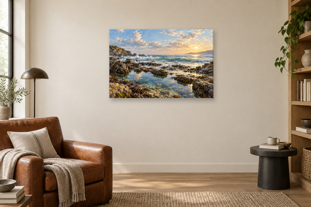 Rockpool Light — horizontal canvas in a reading corner, full original artwork