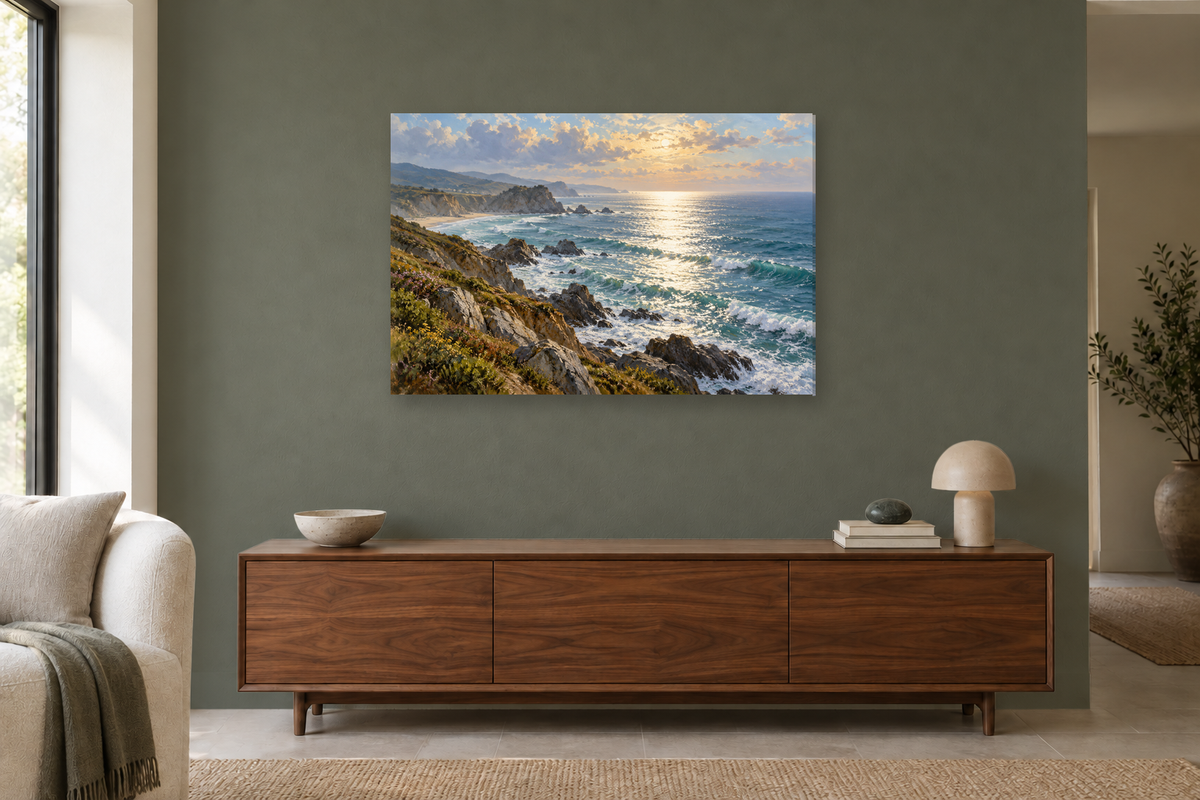Silver Surf — horizontal canvas in a living room, full original artwork