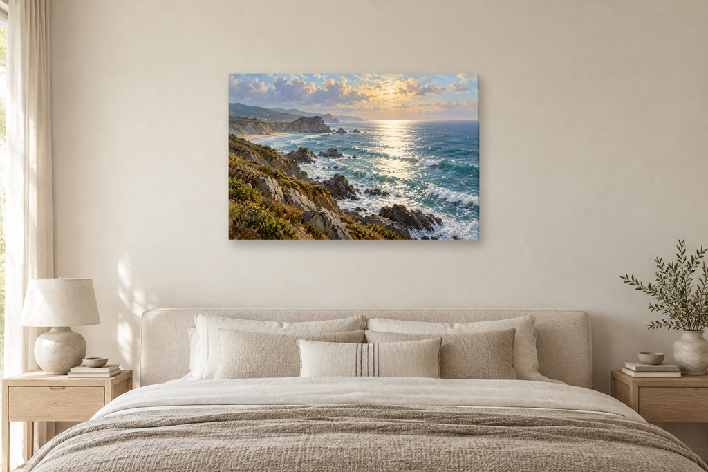Silver Surf — horizontal canvas in a bedroom, full original artwork