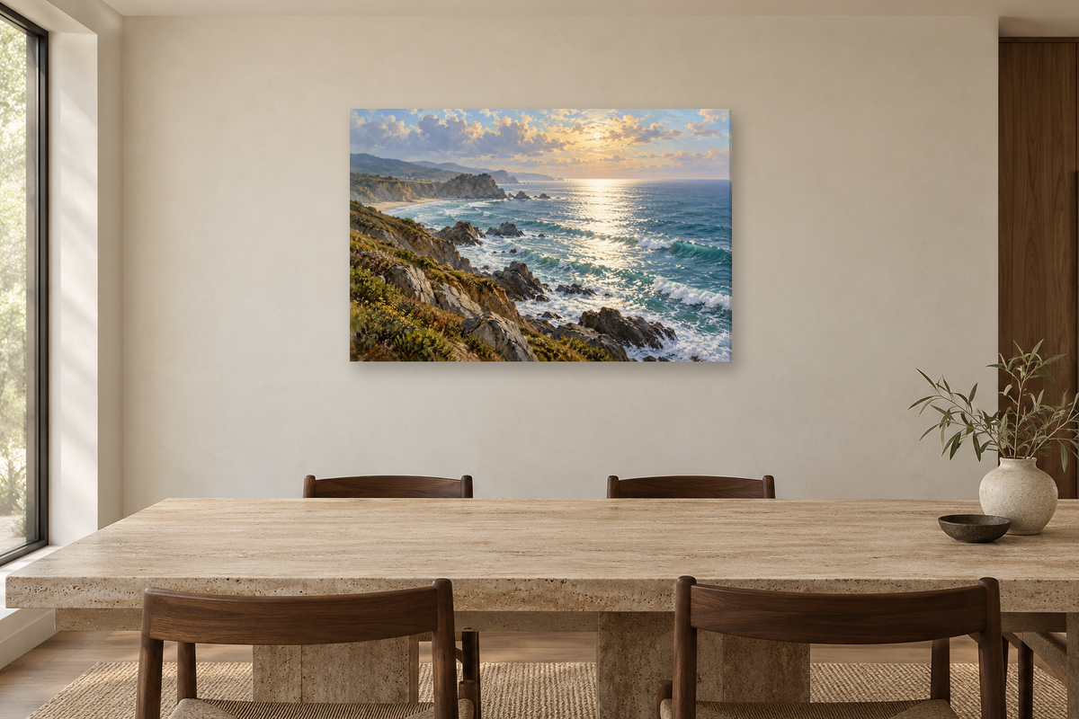 Silver Surf — horizontal canvas in a dining room, full original artwork