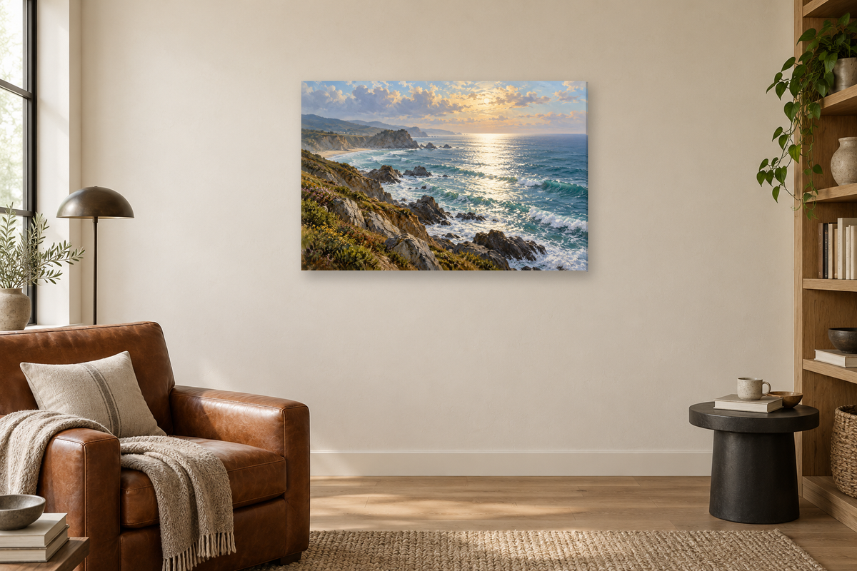 Silver Surf — horizontal canvas in a reading corner, full original artwork