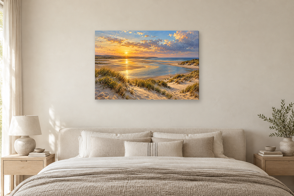 Golden Estuary — horizontal canvas in a bedroom, full original artwork