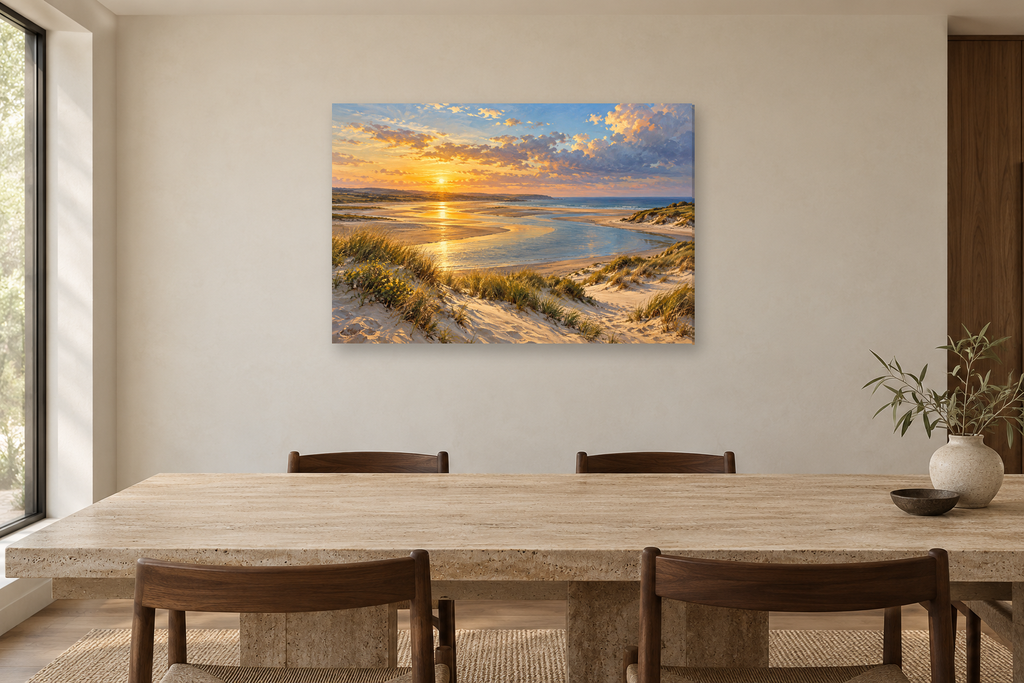 Golden Estuary — horizontal canvas in a dining room, full original artwork