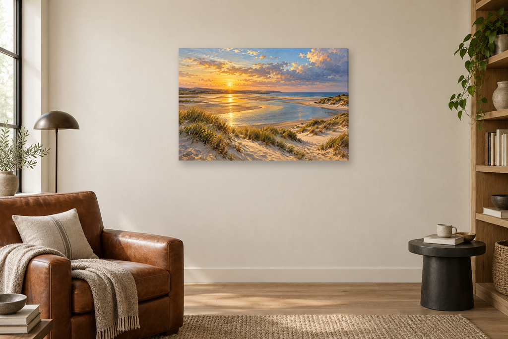 Golden Estuary — horizontal canvas in a reading corner, full original artwork