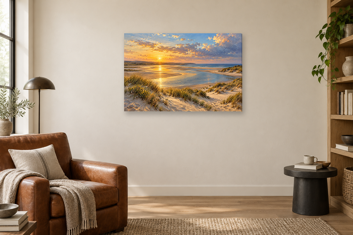 Golden Estuary — horizontal canvas in a reading corner, full original artwork
