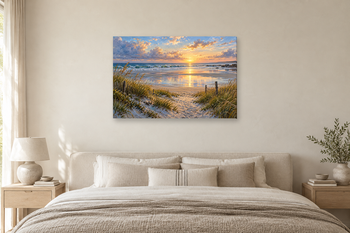 Beach Path — horizontal canvas in a bedroom, full original artwork
