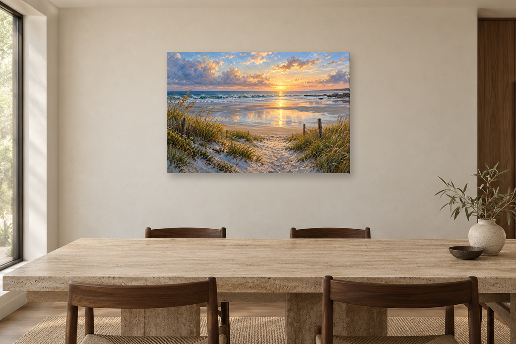 Beach Path — horizontal canvas in a dining room, full original artwork