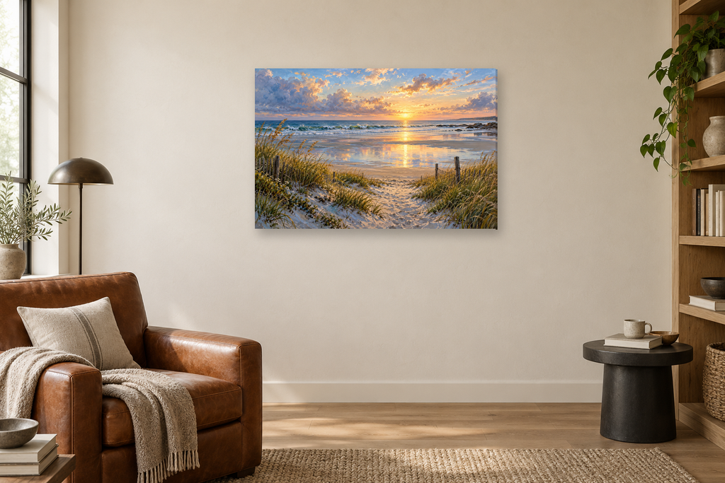 Beach Path — horizontal canvas in a reading corner, full original artwork