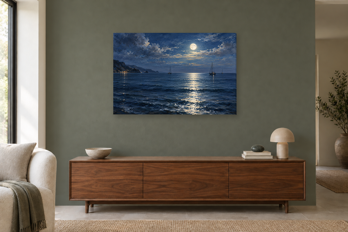 Moon Over Water — horizontal canvas in a living room, full original artwork