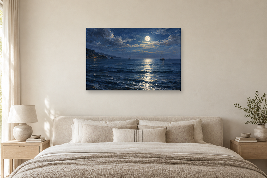 Moon Over Water — horizontal canvas in a bedroom, full original artwork