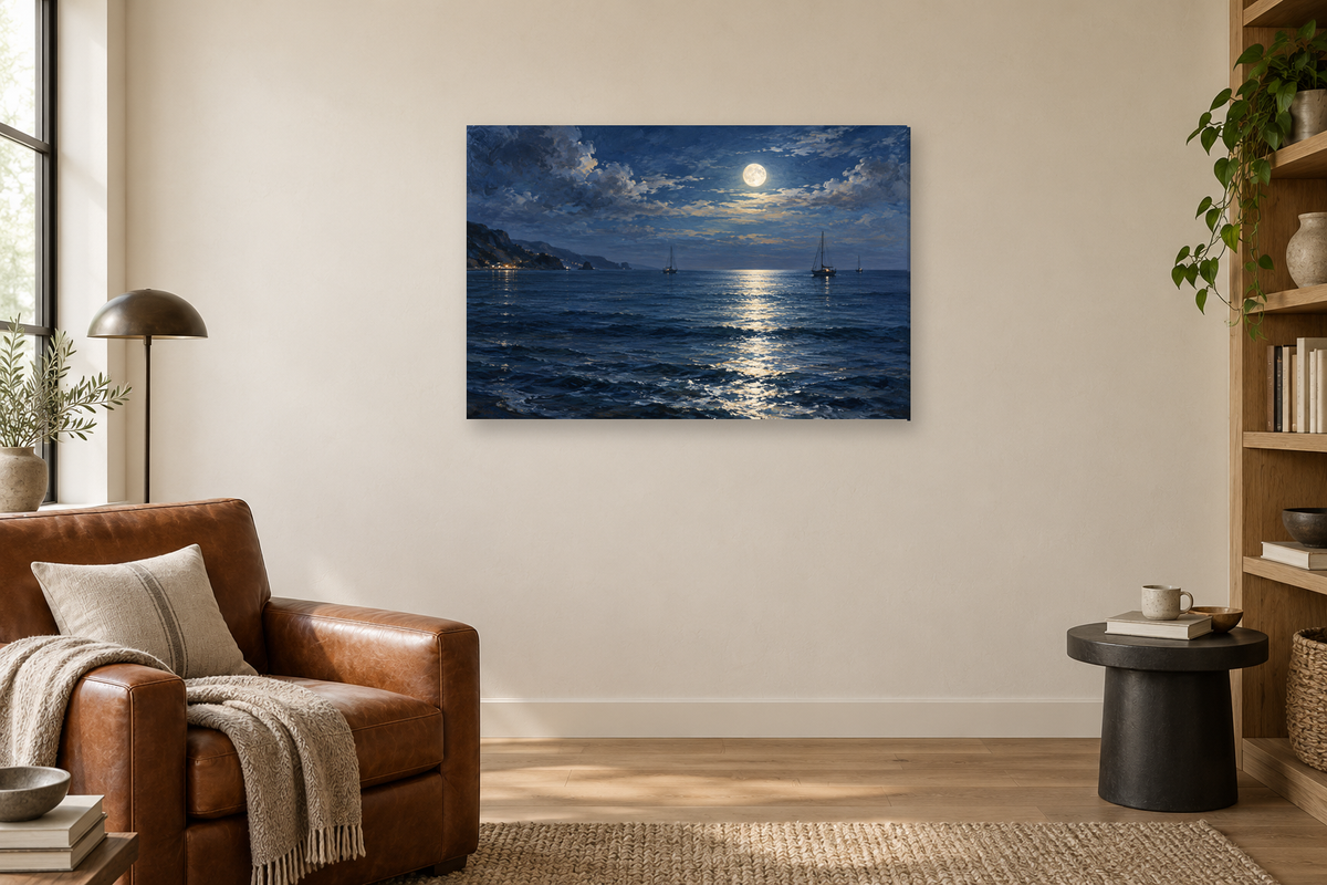 Moon Over Water — horizontal canvas in a reading corner, full original artwork