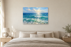 Endless Blue — horizontal canvas in a bedroom, full original artwork