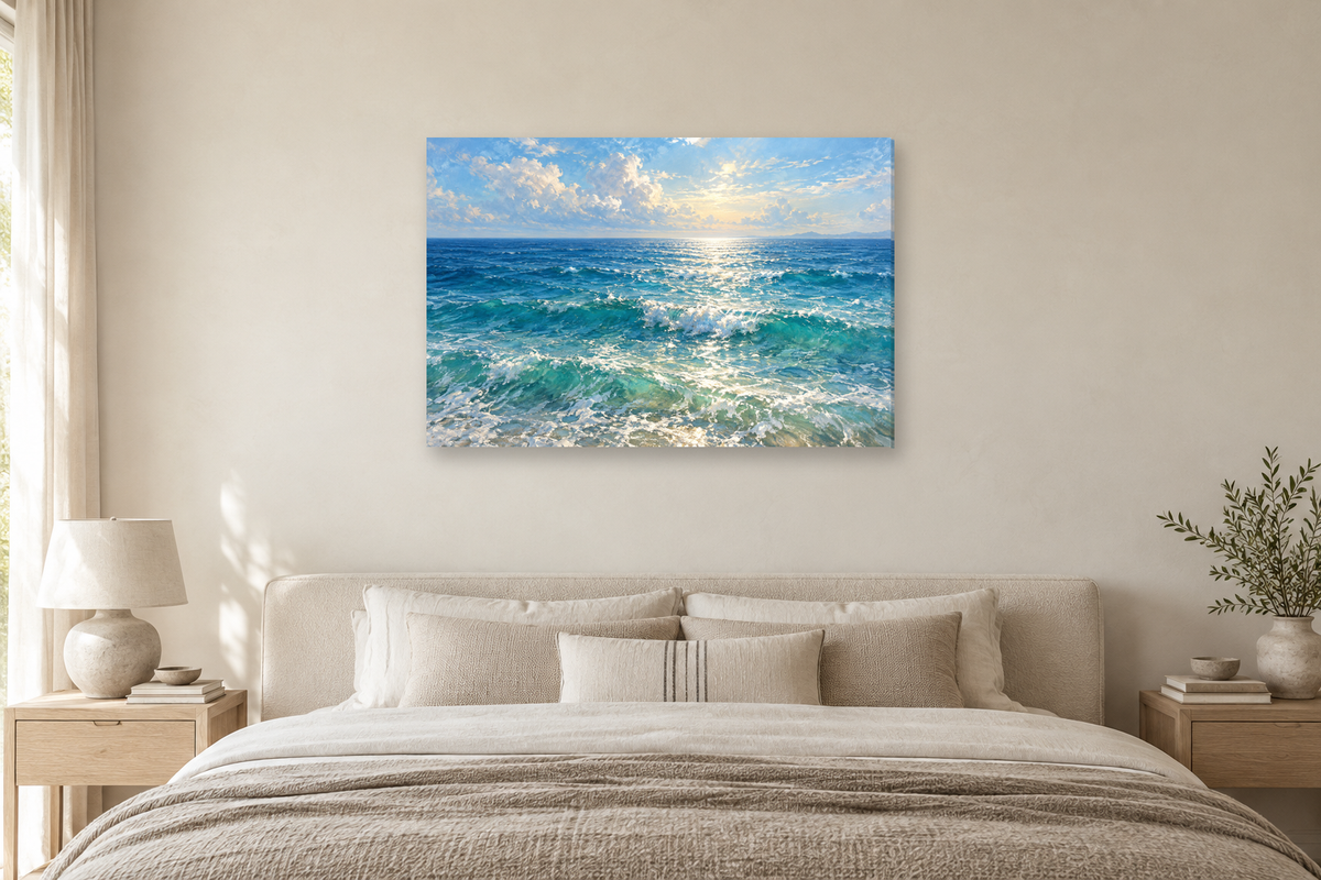 Endless Blue — horizontal canvas in a bedroom, full original artwork
