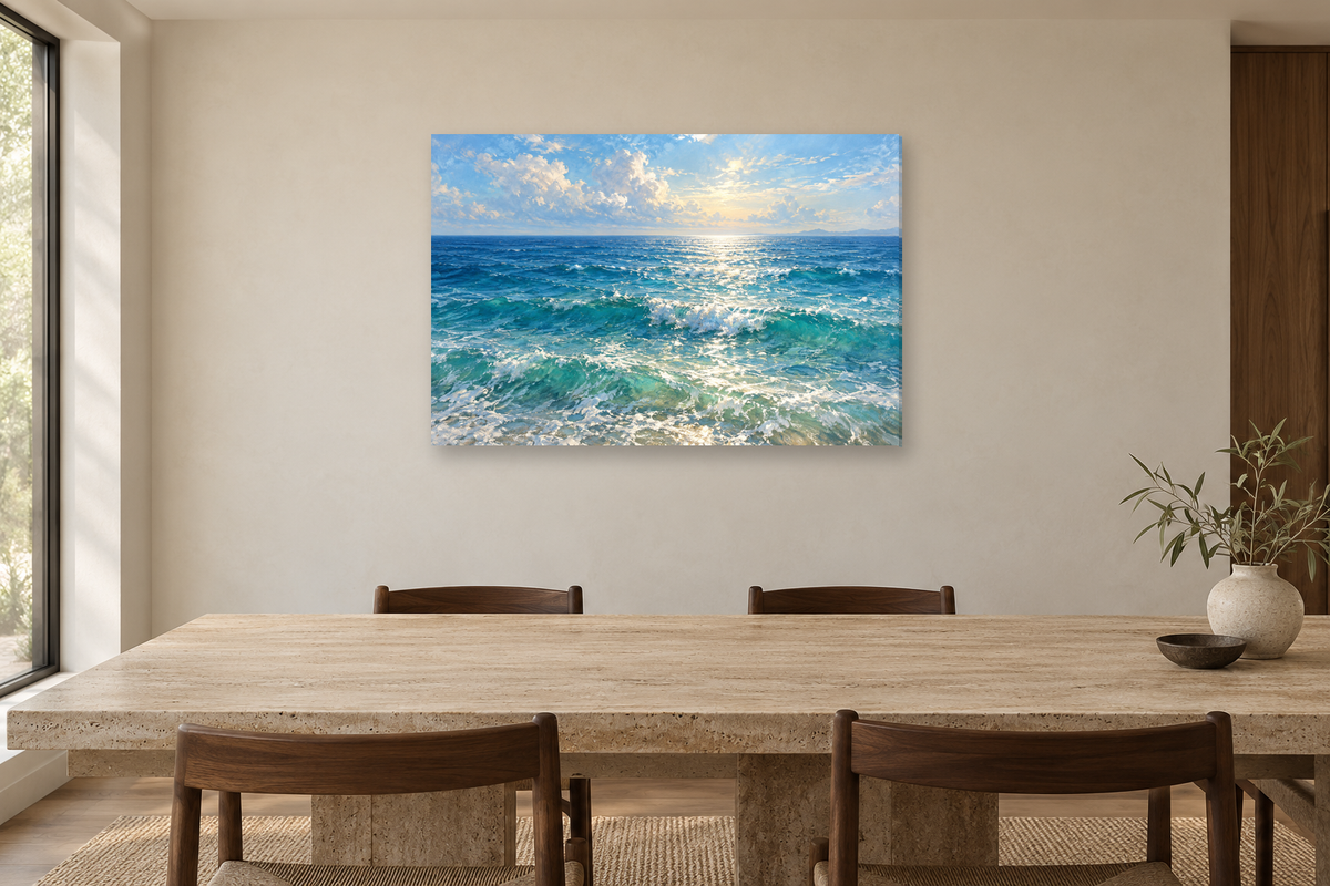Endless Blue — horizontal canvas in a dining room, full original artwork
