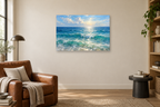 Endless Blue — horizontal canvas in a reading corner, full original artwork