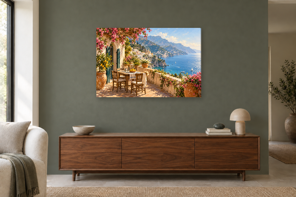 Amalfi Terrace — horizontal canvas in a living room, full original artwork