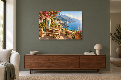 Amalfi Terrace — horizontal canvas in a living room, full original artwork