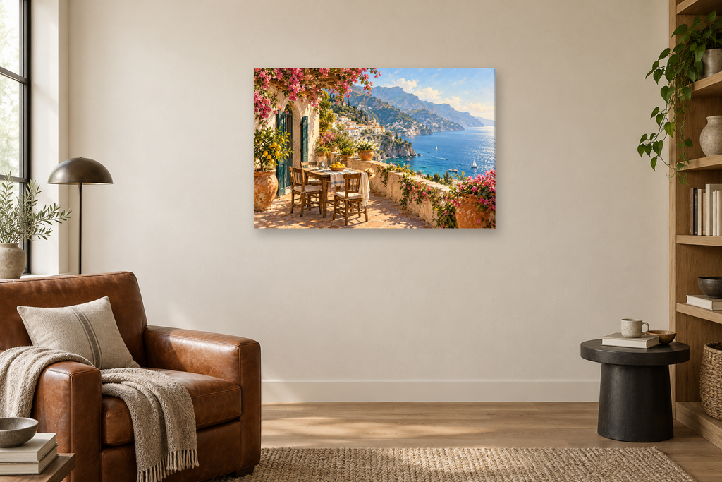 Amalfi Terrace — horizontal canvas in a reading corner, full original artwork