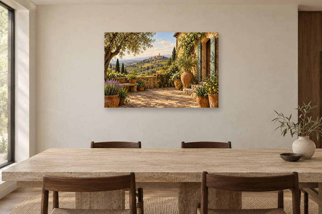 Tuscan Afternoon — horizontal canvas in a dining room, full original artwork