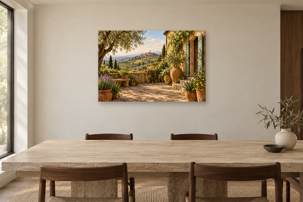 Tuscan Afternoon — horizontal canvas in a dining room, full original artwork