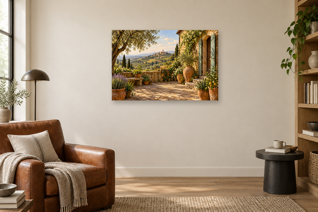 Tuscan Afternoon — horizontal canvas in a reading corner, full original artwork