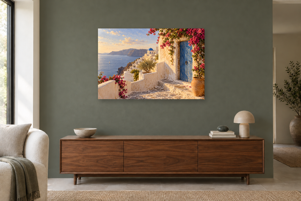 Santorini Stillness — horizontal canvas in a living room, full original artwork