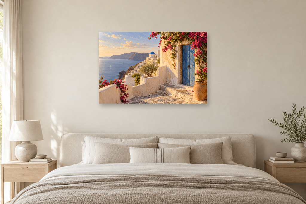Santorini Stillness — horizontal canvas in a bedroom, full original artwork