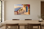 Santorini Stillness — horizontal canvas in a dining room, full original artwork