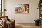 Santorini Stillness — horizontal canvas in a reading corner, full original artwork