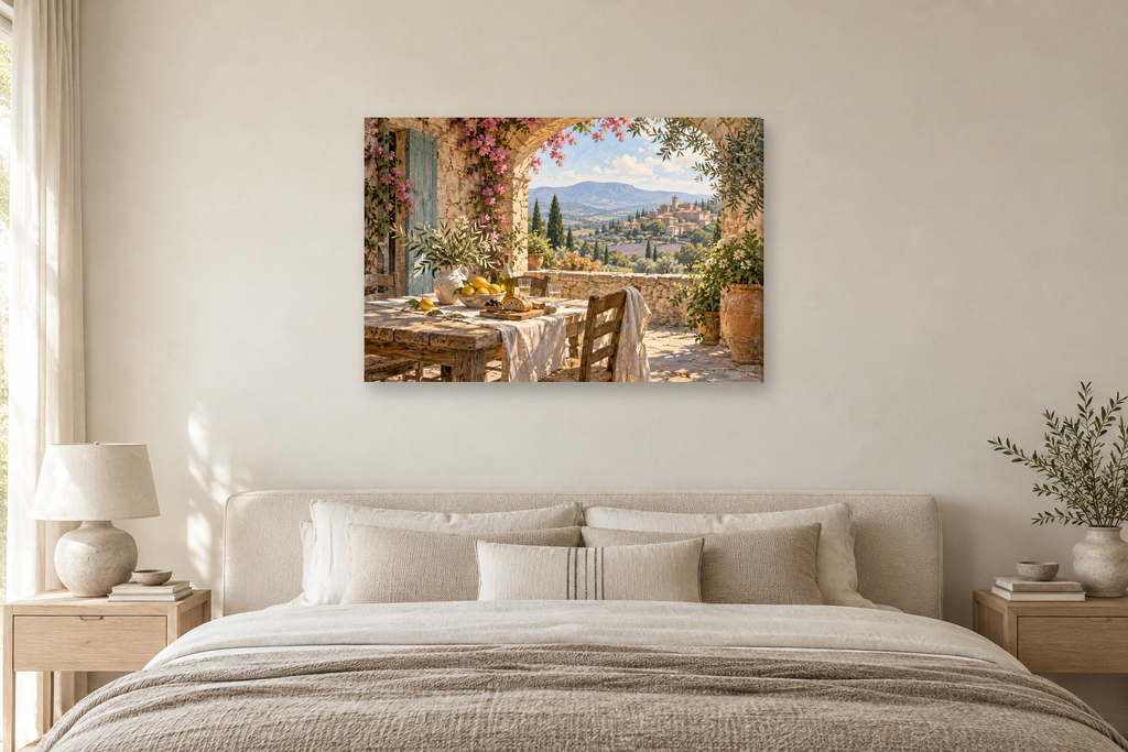 Provence Table — horizontal canvas in a bedroom, full original artwork