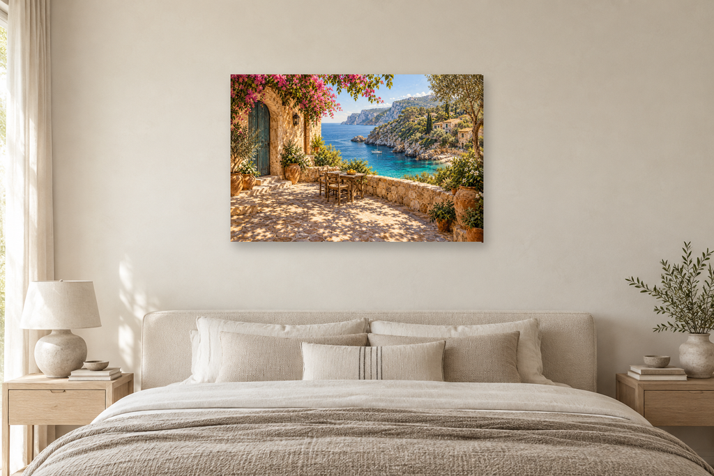 Mallorca Cove — horizontal canvas in a bedroom, full original artwork