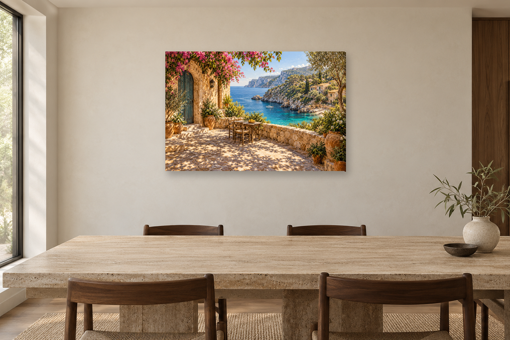 Mallorca Cove — horizontal canvas in a dining room, full original artwork