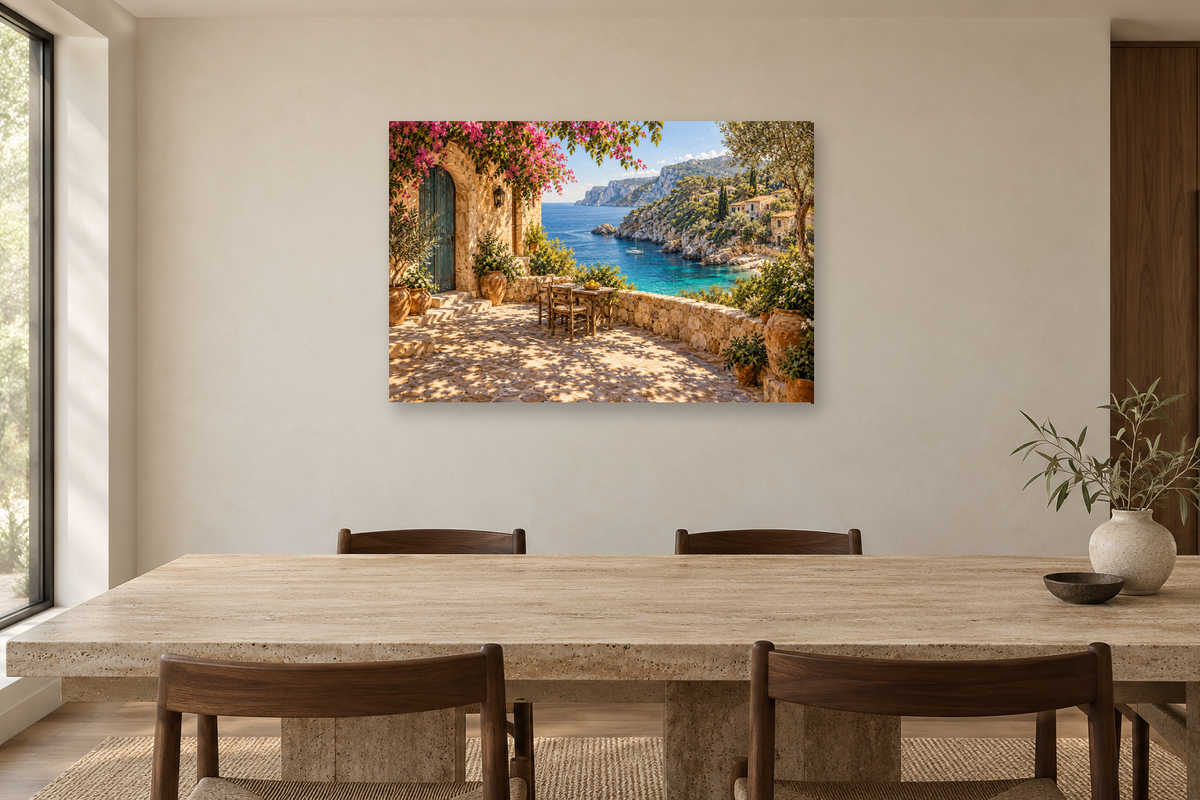 Mallorca Cove — horizontal canvas in a dining room, full original artwork