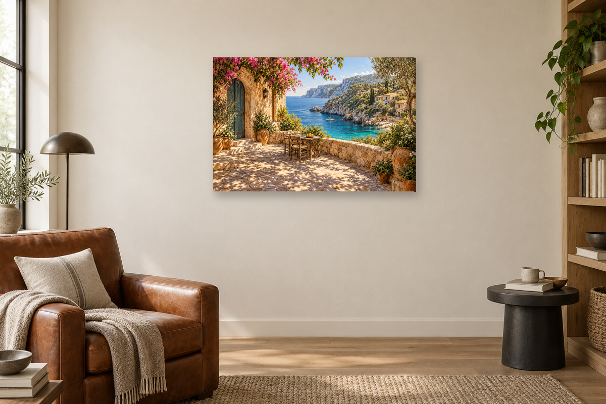 Mallorca Cove — horizontal canvas in a reading corner, full original artwork