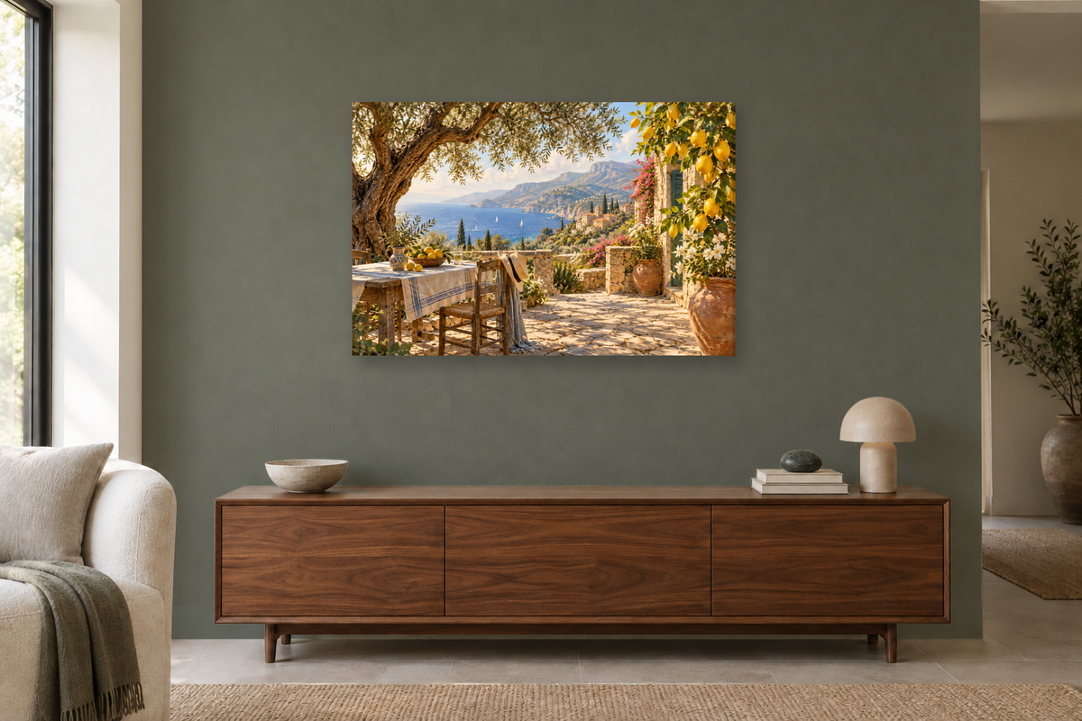 Sicilian Lemon Garden — horizontal canvas in a living room, full original artwork