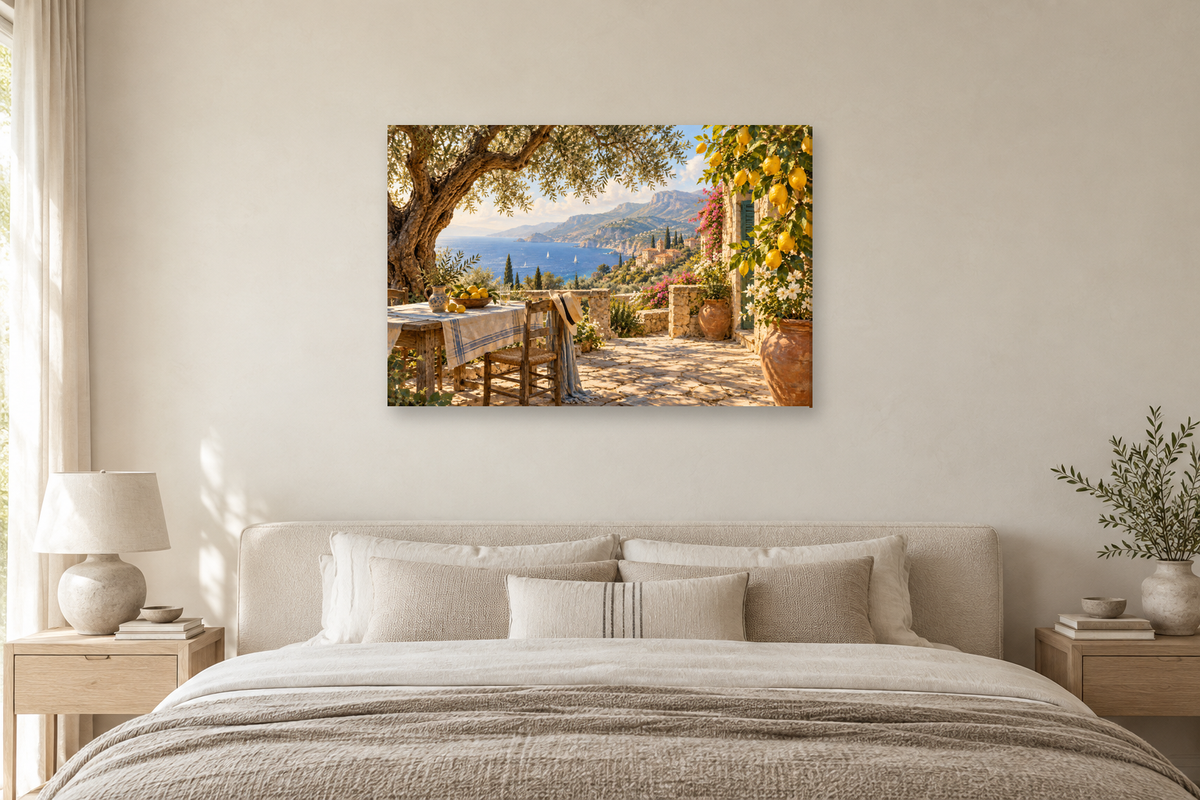 Sicilian Lemon Garden — horizontal canvas in a bedroom, full original artwork