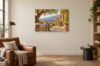 Sicilian Lemon Garden — horizontal canvas in a reading corner, full original artwork