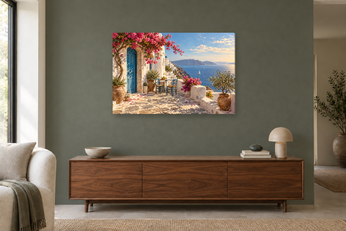 Greek Courtyard — horizontal canvas in a living room, full original artwork