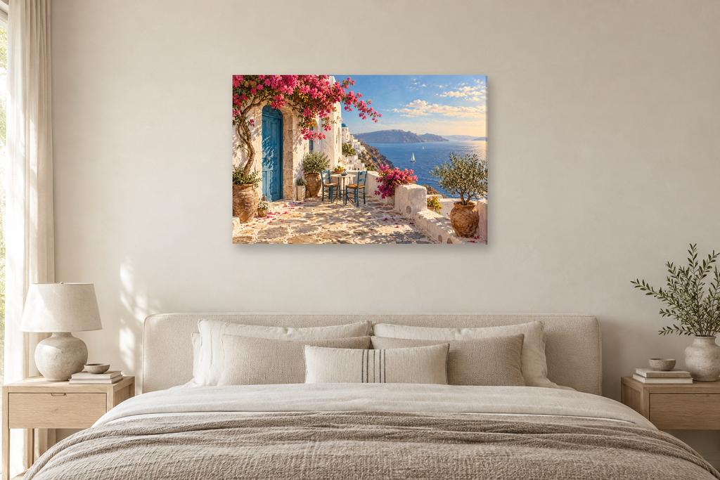 Greek Courtyard — horizontal canvas in a bedroom, full original artwork