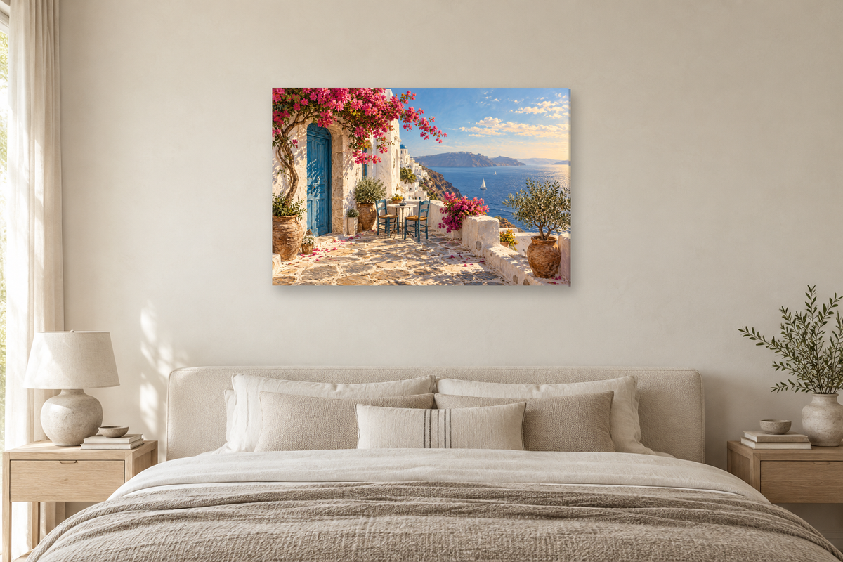 Greek Courtyard — horizontal canvas in a bedroom, full original artwork