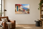 Greek Courtyard — horizontal canvas in a reading corner, full original artwork