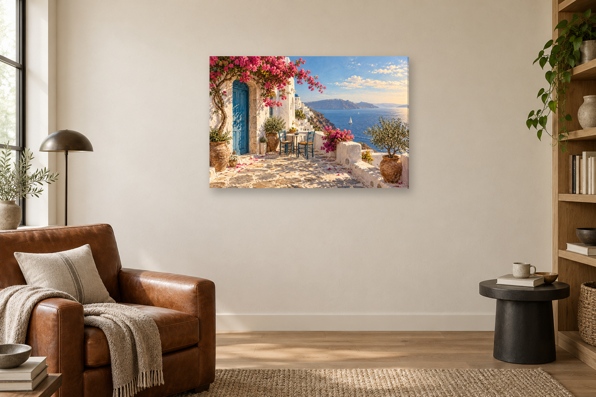 Greek Courtyard — horizontal canvas in a reading corner, full original artwork