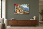Capri Blue View — horizontal canvas in a living room, full original artwork