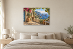 Capri Blue View — horizontal canvas in a bedroom, full original artwork