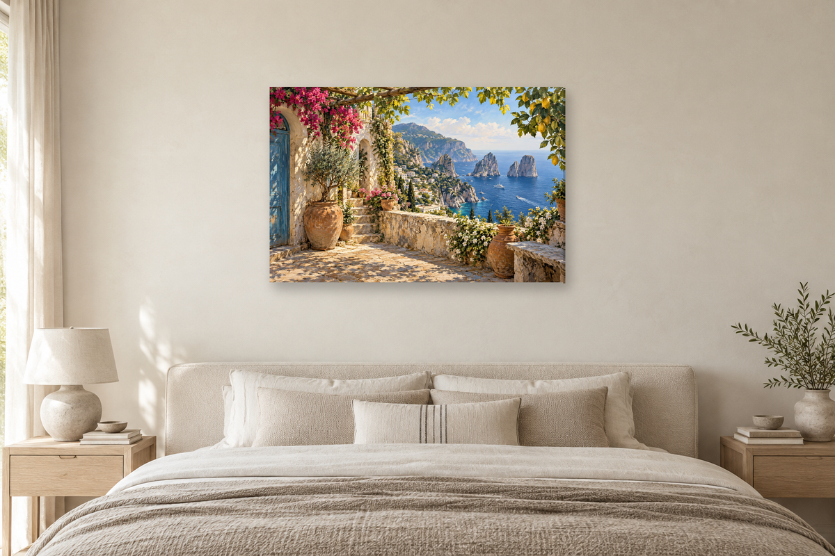 Capri Blue View — horizontal canvas in a bedroom, full original artwork