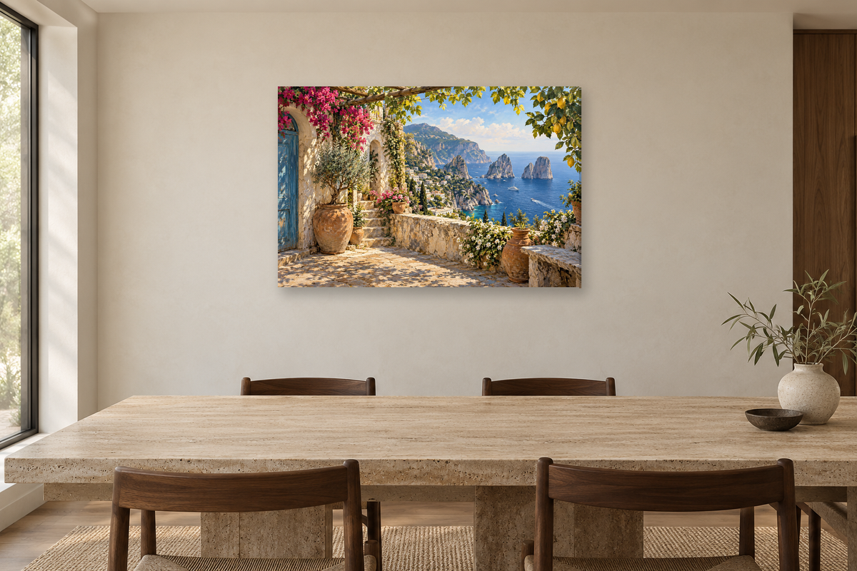 Capri Blue View — horizontal canvas in a dining room, full original artwork